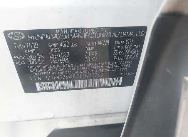 5NMS23AD3LH232960 2020 2020 Hyundai Santa Fe- SE 9