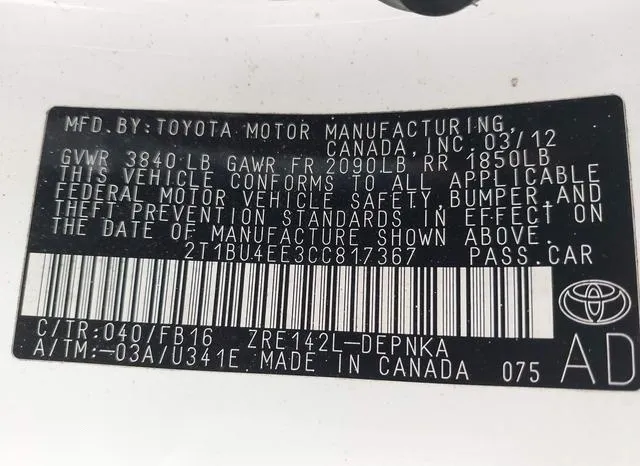 2T1BU4EE3CC817367 2012 2012 Toyota Corolla- LE 9