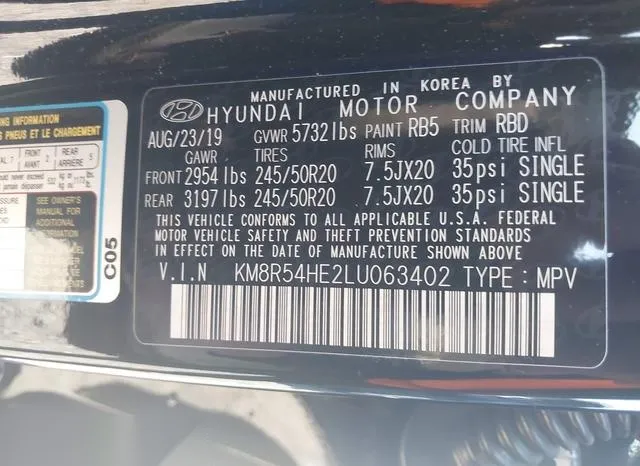 KM8R54HE2LU063402 2020 2020 Hyundai Palisade- Limited 9