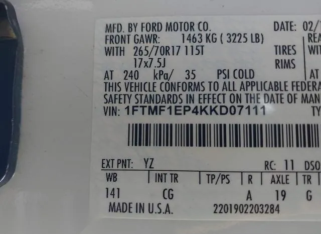 1FTMF1EP4KKD07111 2019 2019 Ford F-150- XL 9