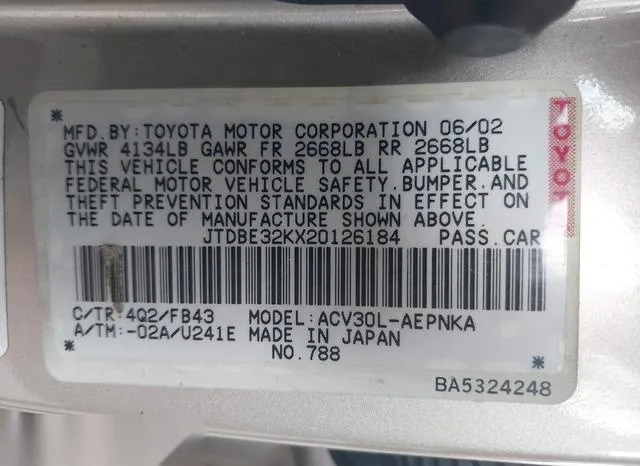 JTDBE32KX20126184 2002 2002 Toyota Camry- LE 9