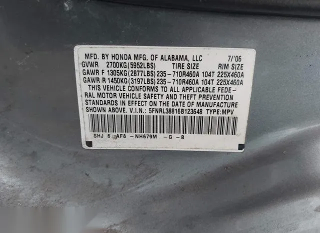 5FNRL38816B123648 2006 2006 Honda Odyssey- Touring 9