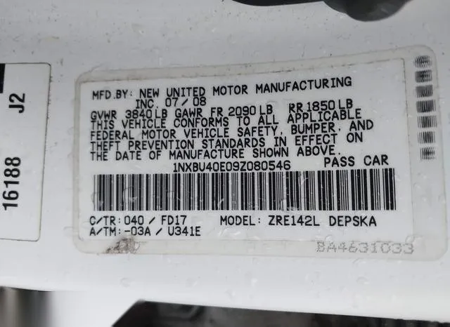 1NXBU40E09Z080546 2009 2009 Toyota Corolla- S 9