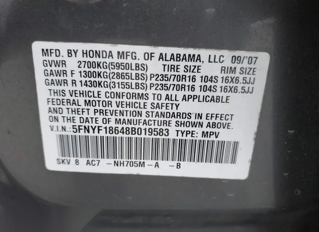 5FNYF18648B019583 2008 2008 Honda Pilot- Ex-L 9