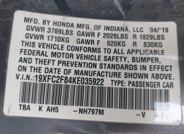 19XFC2F84KE035922 2019 2019 Honda Civic- Sport 9