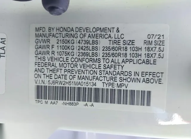 5J6RW2H51MA015134 2021 2021 Honda CR-V- Awd Ex 9