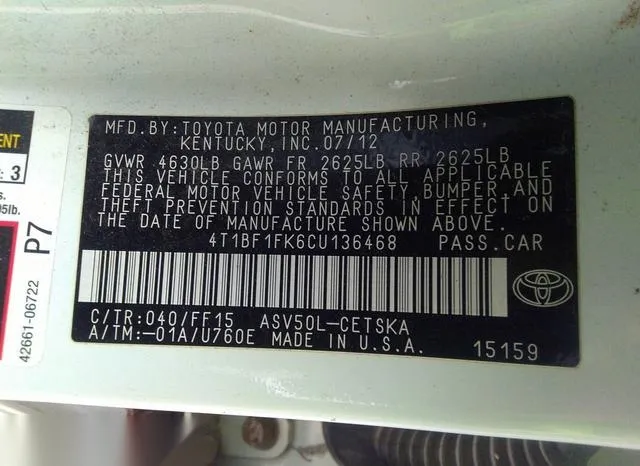 4T1BF1FK6CU136468 2012 2012 Toyota Camry- SE 9