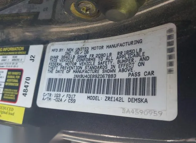 1NXBU40E89Z067883 2009 2009 Toyota Corolla- S 9