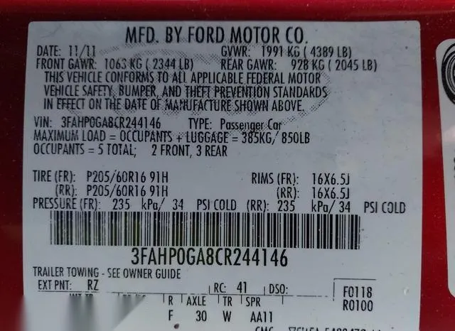 3FAHP0GA8CR244146 2012 2012 Ford Fusion- S 9