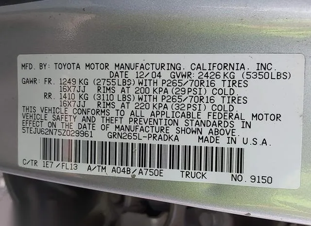 5TEJU62N75Z029961 2005 2005 Toyota Tacoma- Double Cab Preru 9