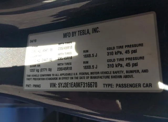 5YJ3E1EA9KF316670 2019 2019 Tesla Model 3- Long Range/Mid R 9