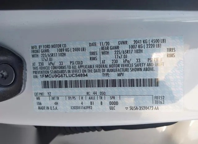 1FMCU9G67LUC54894 2020 2020 Ford Escape- SE 9