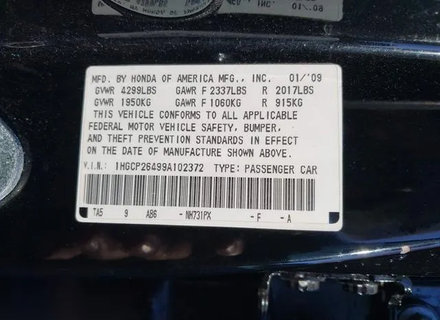 1HGCP26499A102372 2009 2009 Honda Accord- 2-4 Lx-P 9