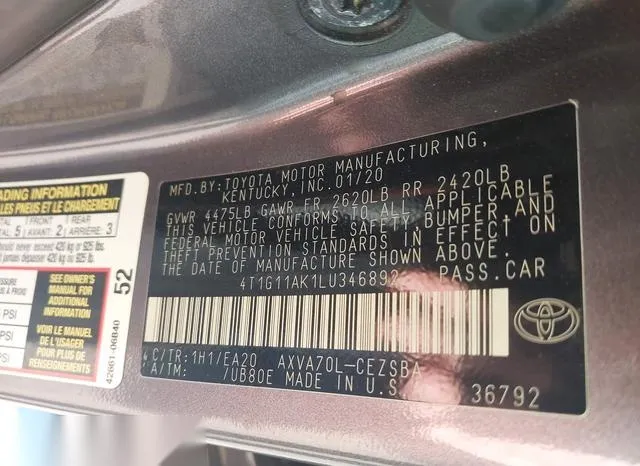 4T1G11AK1LU346892 2020 2020 Toyota Camry- SE 9