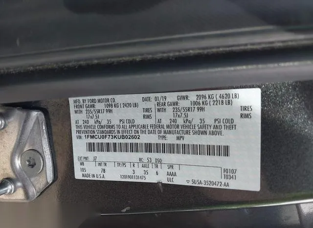 1FMCU0F73KUB02602 2019 2019 Ford Escape- S 9