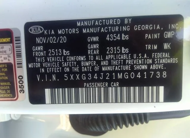 5XXG34J21MG041738 2021 2021 KIA K5- EX 9