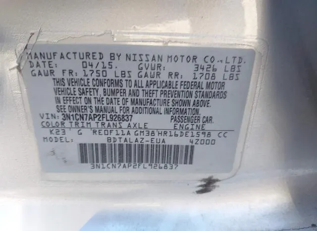 3N1CN7AP2FL926837 2015 2015 Nissan Versa- 1-6 S- 9