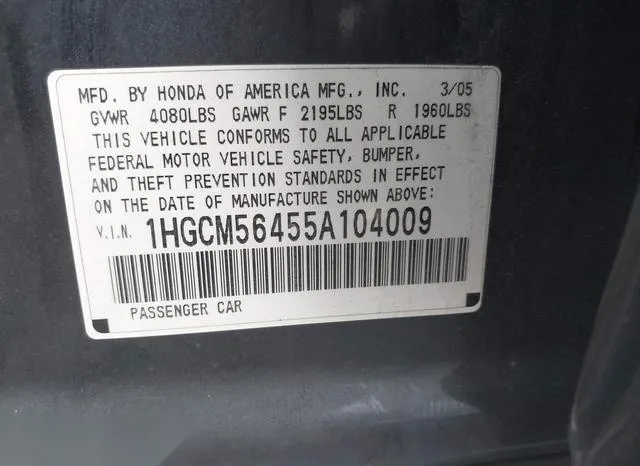 1HGCM56455A104009 2005 2005 Honda Accord- 2-4 LX 9