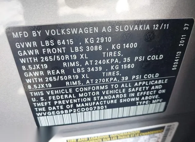 WVGEG9BP2CD007301 2012 2012 Volkswagen Touareg Hybrid 9