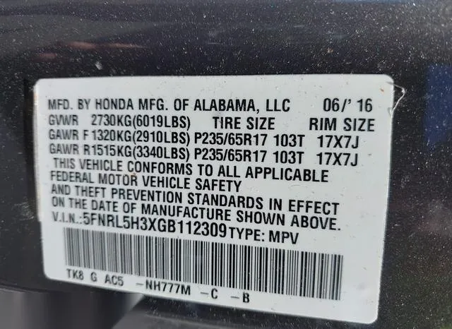 5FNRL5H3XGB112309 2016 2016 Honda Odyssey- SE 9