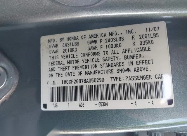 1HGCP26878A050290 2008 2008 Honda Accord- 2-4 Ex-L 9