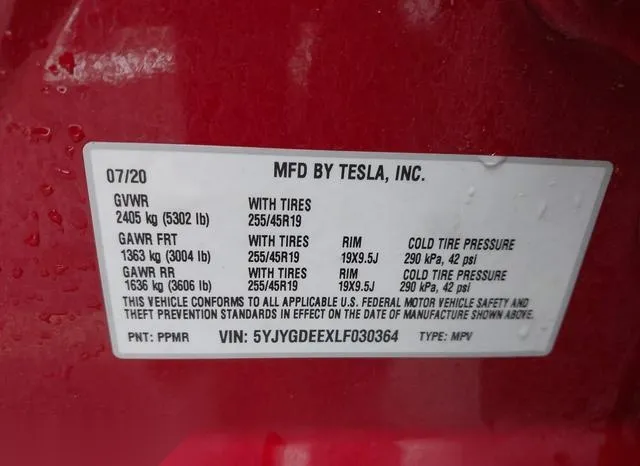 5YJYGDEEXLF030364 2020 2020 Tesla Model Y- Long Range Dual 9