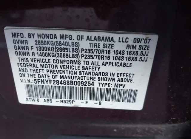 5FNYF28468B009254 2008 2008 Honda Pilot- EX 9