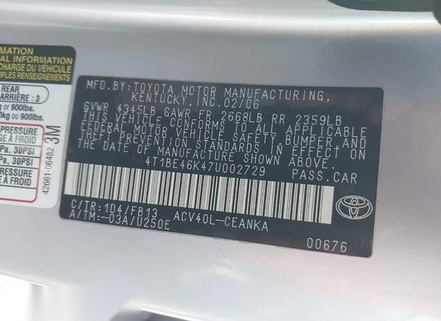 4T1BE46K47U002729 2007 2007 Toyota Camry- LE 9