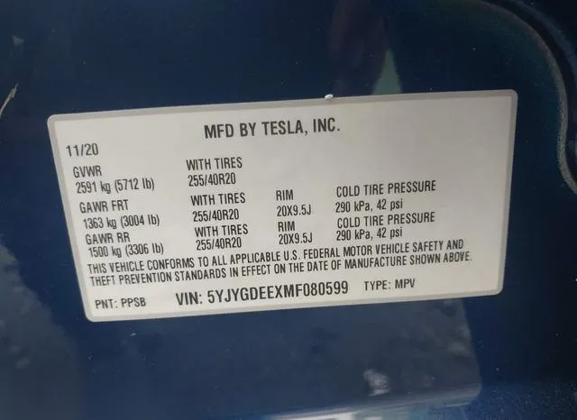 5YJYGDEEXMF080599 2021 2021 Tesla Model Y- Long Range Dual 9