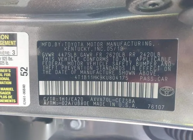 4T1B11HK9KU804175 2019 2019 Toyota Camry- SE 9