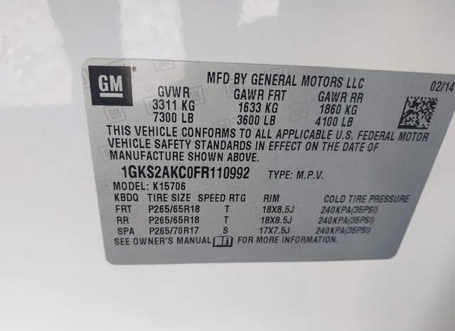 1GKS2AKC0FR110992 2015 2015 GMC Yukon- Sle 9