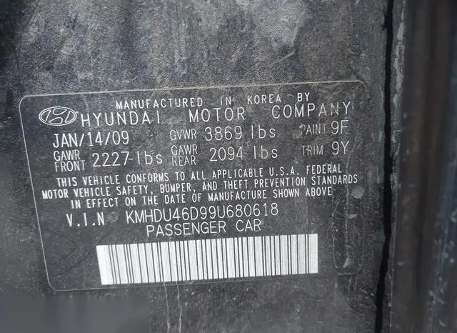 KMHDU46D99U680618 2009 2009 Hyundai Elantra- Gls 9