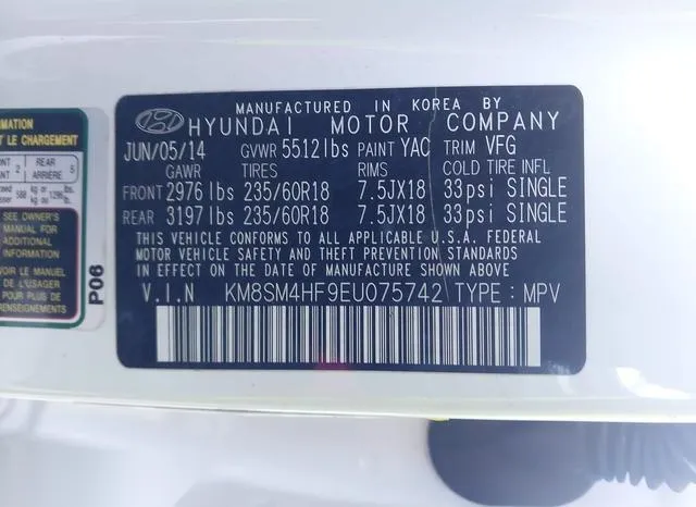 KM8SM4HF9EU075742 2014 2014 Hyundai Santa Fe- Gls 9