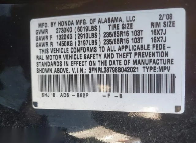 5FNRL38798B042021 2008 2008 Honda Odyssey- Ex-L 9