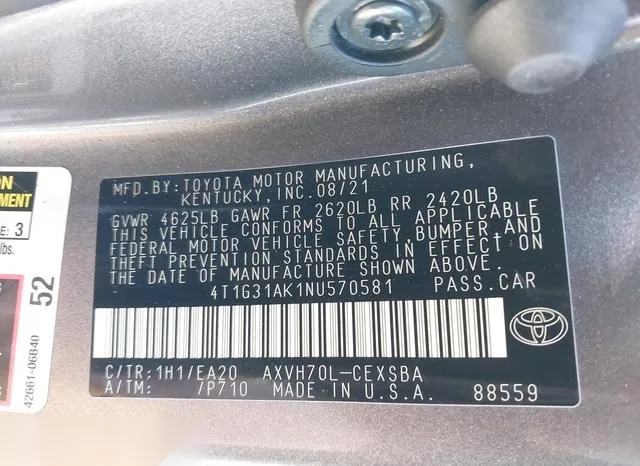 4T1G31AK1NU570581 2022 2022 Toyota Camry- Se Hybrid 9