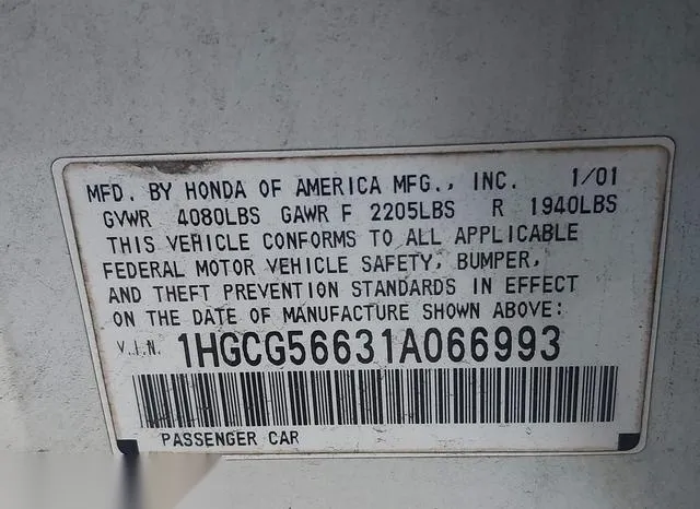 1HGCG56631A066993 2001 2001 Honda Accord- 2-3 EX 9