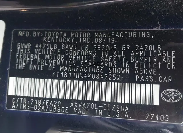 4T1B11HK4KU842252 2019 2019 Toyota Camry- SE 9