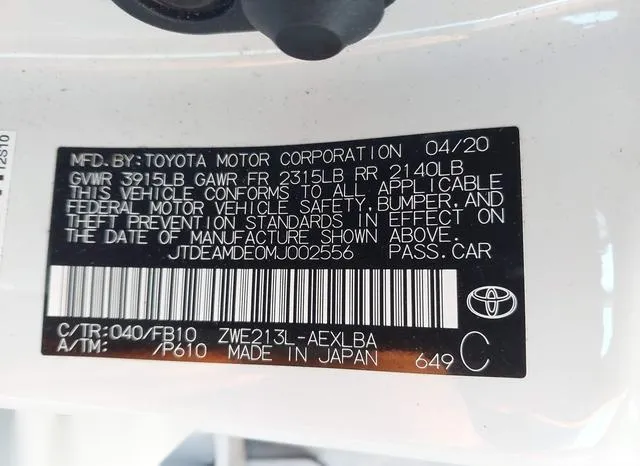 JTDEAMDE0MJ002556 2021 2021 Toyota Corolla- Hybrid Le 9