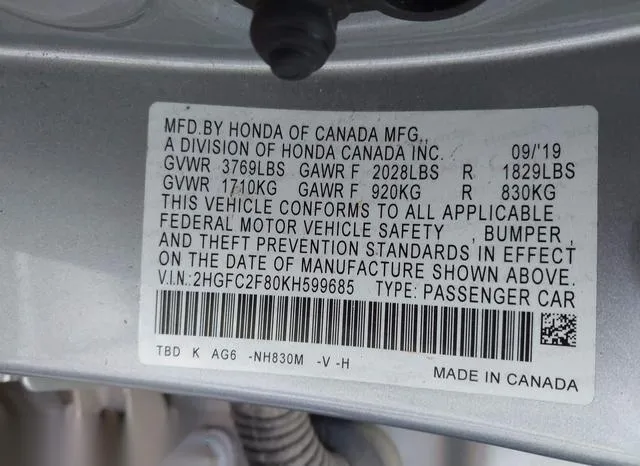 2HGFC2F80KH599685 2019 2019 Honda Civic- Sport 9