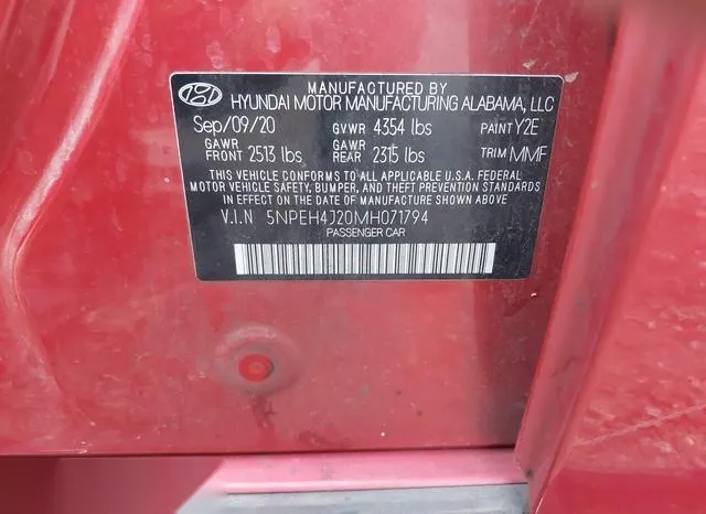 5NPEH4J20MH071794 2021 2021 Hyundai Sonata- Limited 9