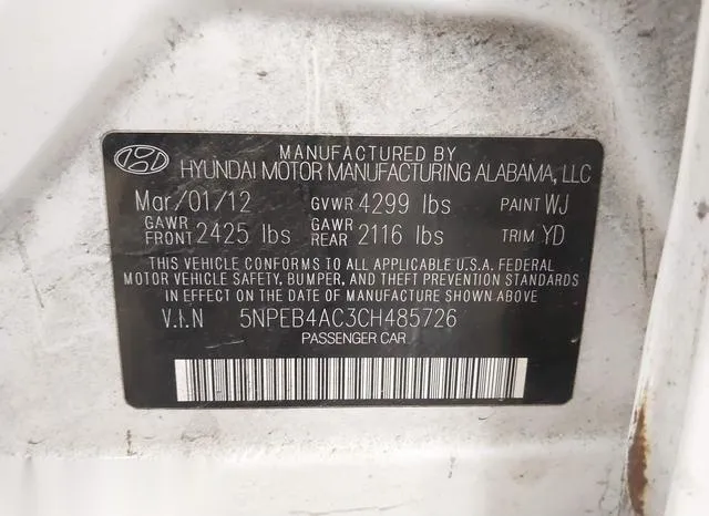 5NPEB4AC3CH485726 2012 2012 Hyundai Sonata- Gls 9