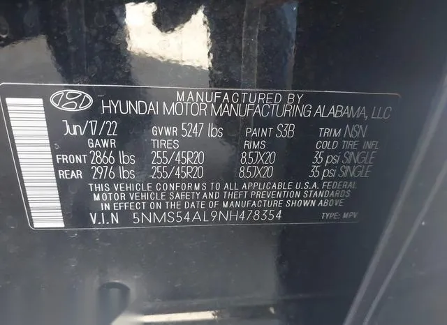 5NMS54AL9NH478354 2022 2022 Hyundai Santa Fe- Calligraphy 9