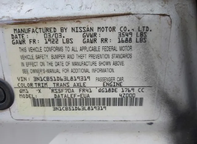 3N1CB51D63L819319 2003 2003 Nissan Sentra- Gxe 9