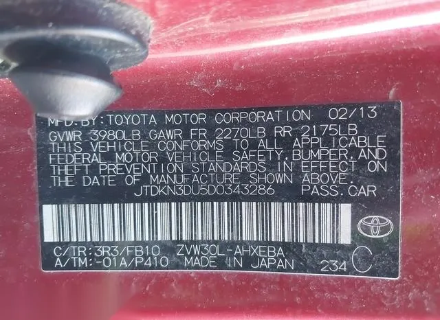 JTDKN3DU5D0343286 2013 2013 Toyota Prius- Three 9