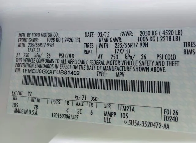 1FMCU0GXXFUB81402 2015 2015 Ford Escape- SE 9