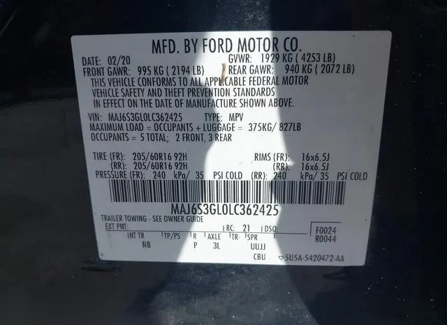 MAJ6S3GL0LC362425 2020 2020 Ford Ecosport- SE 9