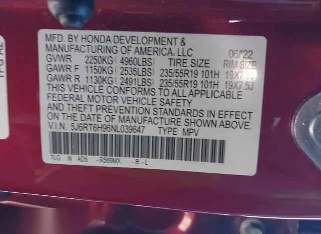 5J6RT6H96NL039647 2022 2022 Honda CR-V- Hybrid Touring 9