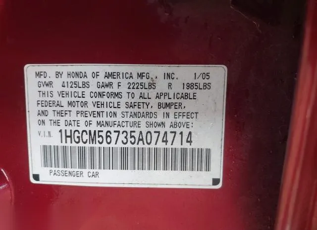 1HGCM56735A074714 2005 2005 Honda Accord- 2-4 EX 9