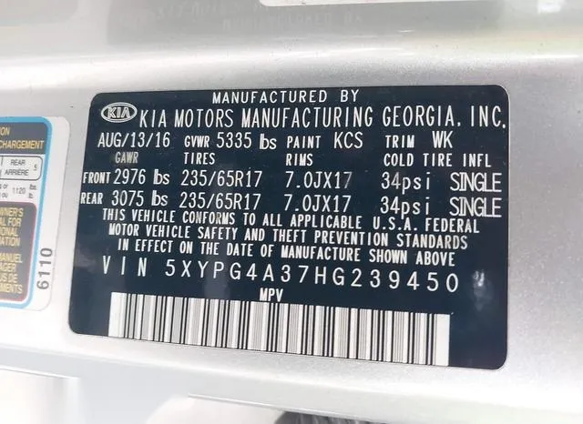 5XYPG4A37HG239450 2017 2017 KIA Sorento- 2-4L Lx 9