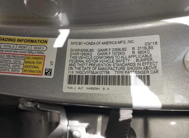 1HGCV1F58JA127759 2018 2018 Honda Accord- Ex-L 9